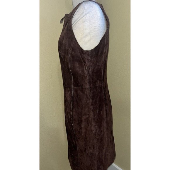 Isaac Mizrahi Suede Leather Jumper Dress Pockets Brown Size 12 Side & Front Zip - Picture 6 of 11